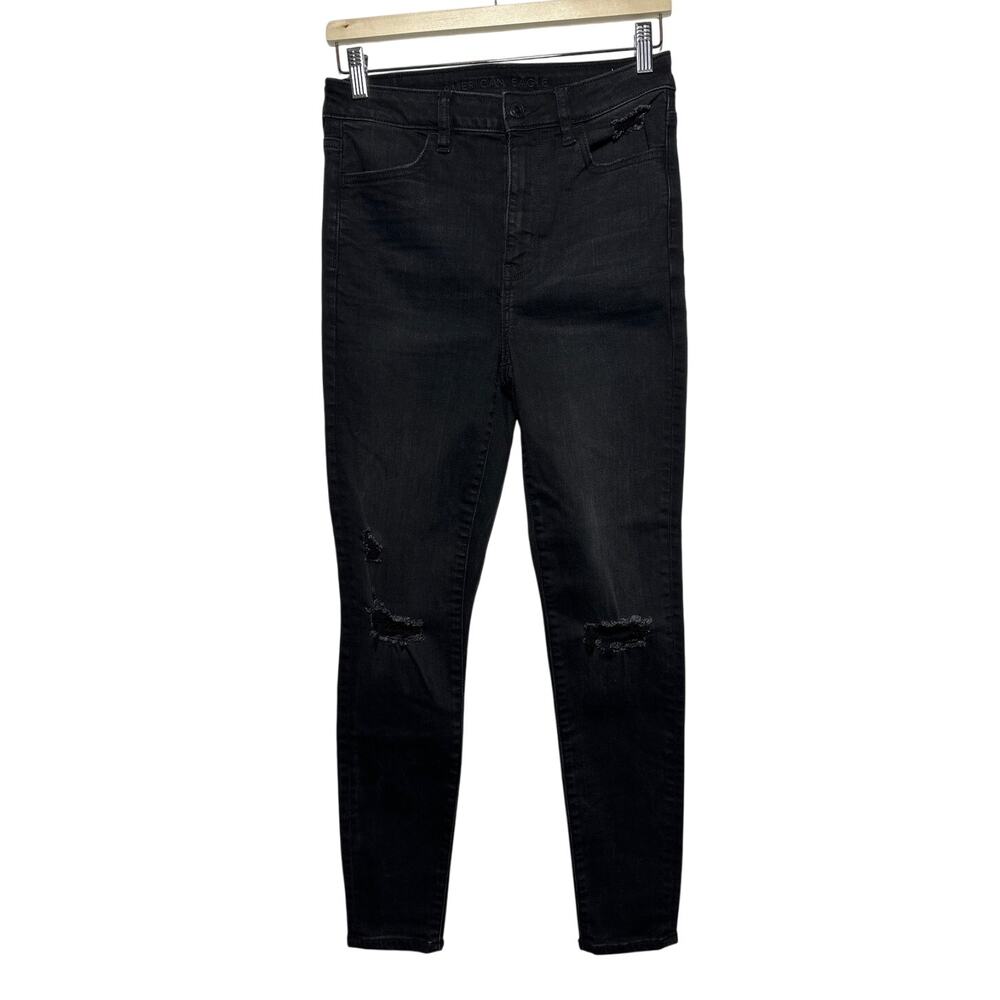 American Eagle Super High Rise Jegging Jeans Black Distressed Stretch Size 8